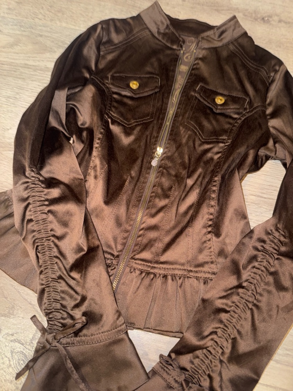 Vintage Hannah Montana Chocolate Brown Silky Zip Jacket w/ Bell Sleeves XL - Picture 5 of 12